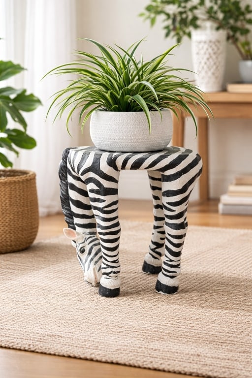 VINTAGE ZEBRA SMALL STOOL TABLE PLANT STAND 11": *For ALTERNATIVE SHIPPING QUOTES or local PICKUP details, please visit www.dejavuauctionshipping.com* 11" ZEBRA WITH HEAD DOWN HANDPAINTED WOOD Small stool or plant stand or just a stand or base for s