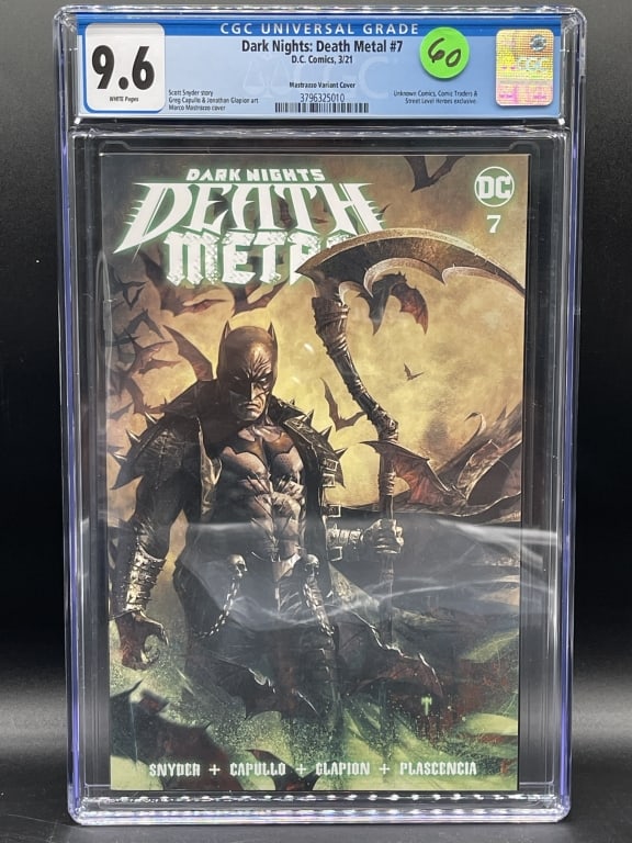 DARK NIGHTS DEATH METAL #7 CGC 9.6 (2021): For ALTERNATE shipping quote or LOCAL PICK-UP DETAILS, please visit dejavuauctionshipping.comDARK NIGHTS: DEATH METAL #7 CGC 9.6 WHITE PAGES MASTRAZZO VARIANT COVER (2021) DC COMICSStriking CGC