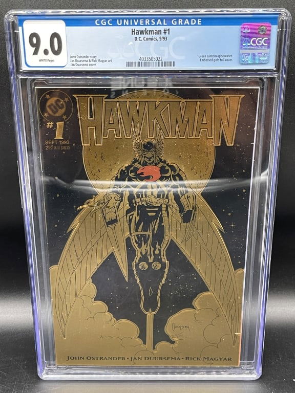 HAWKMAN #1 CGC 9.0 (1993): For ALTERNATE shipping quote or LOCAL PICK-UP DETAILS, please visit dejavuauctionshipping.comHAWKMAN #1 CGC 9.0 WHITE PAGES EMBOSSED GOLD FOIL COVER DC COMICS (1993)Collector-grade CGC slabbed copy