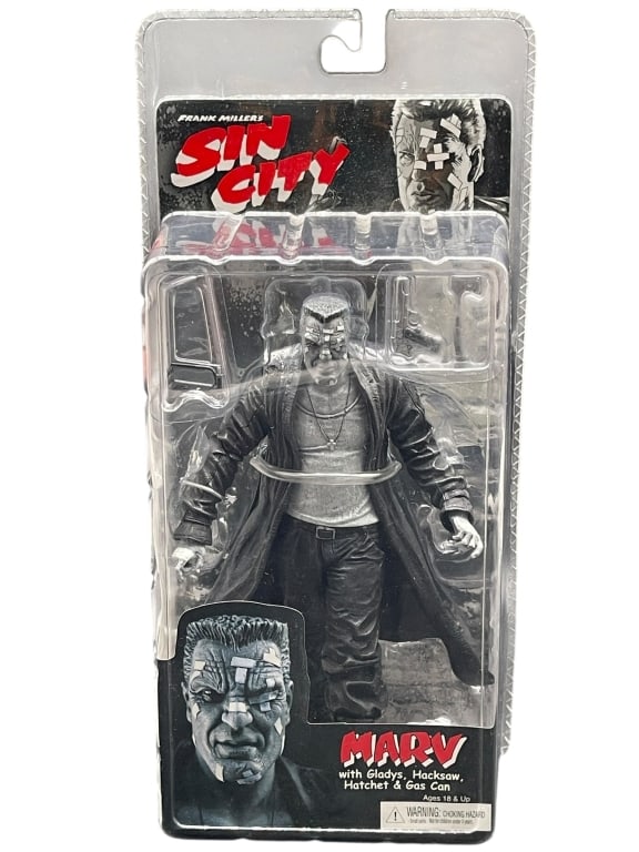 SIN CITY MARV ACTION FIGURE: For ALTERNATE shipping quote or LOCAL PICK-UP DETAILS, please visit dejavuauctionshipping.comFRANK MILLER’S SIN CITY MARV ACTION FIGURE WITH ACCESSORIES BY NECAOfficial **Marv action figure from