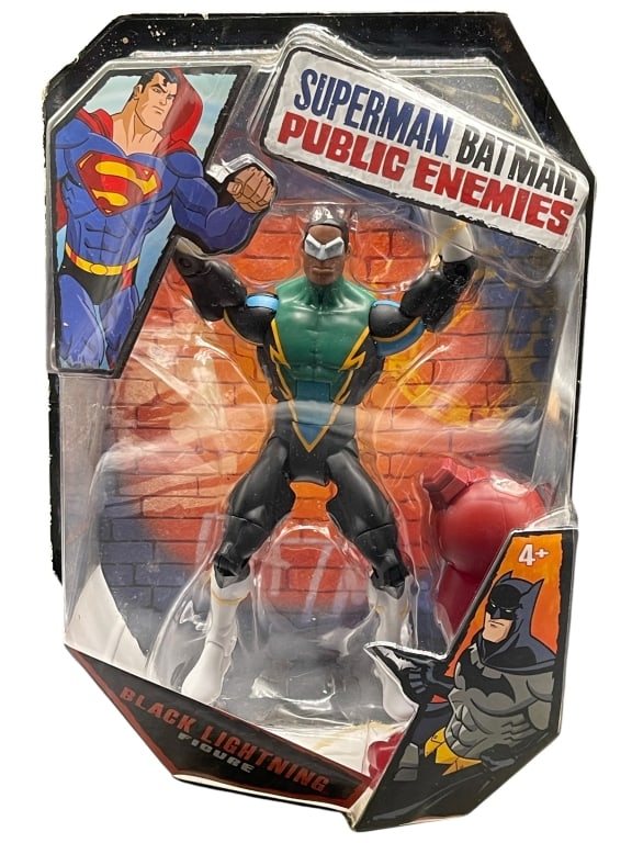 BLACK LIGHTNING PUBLIC ENEMIES FIGURE: For ALTERNATE shipping quote or LOCAL PICK-UP DETAILS, please visit dejavuauctionshipping.com DC COMICS SUPERMAN BATMAN PUBLIC ENEMIES BLACK LIGHTNING ACTION FIGURE BY MATTEL Official **Black Lightnin