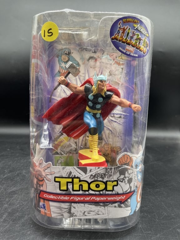 MARVEL THOR COLLECTIBLE FIGURAL PAPERWEIGHT: For ALTERNATE shipping quote or LOCAL PICK-UP DETAILS, please visit dejavuauctionshipping.com MARVEL THOR AVENGERS COLLECTIBLE FIGURAL RESIN PAPERWEIGHT BY MONOGRAM Colorful **Marvel Thor collectible