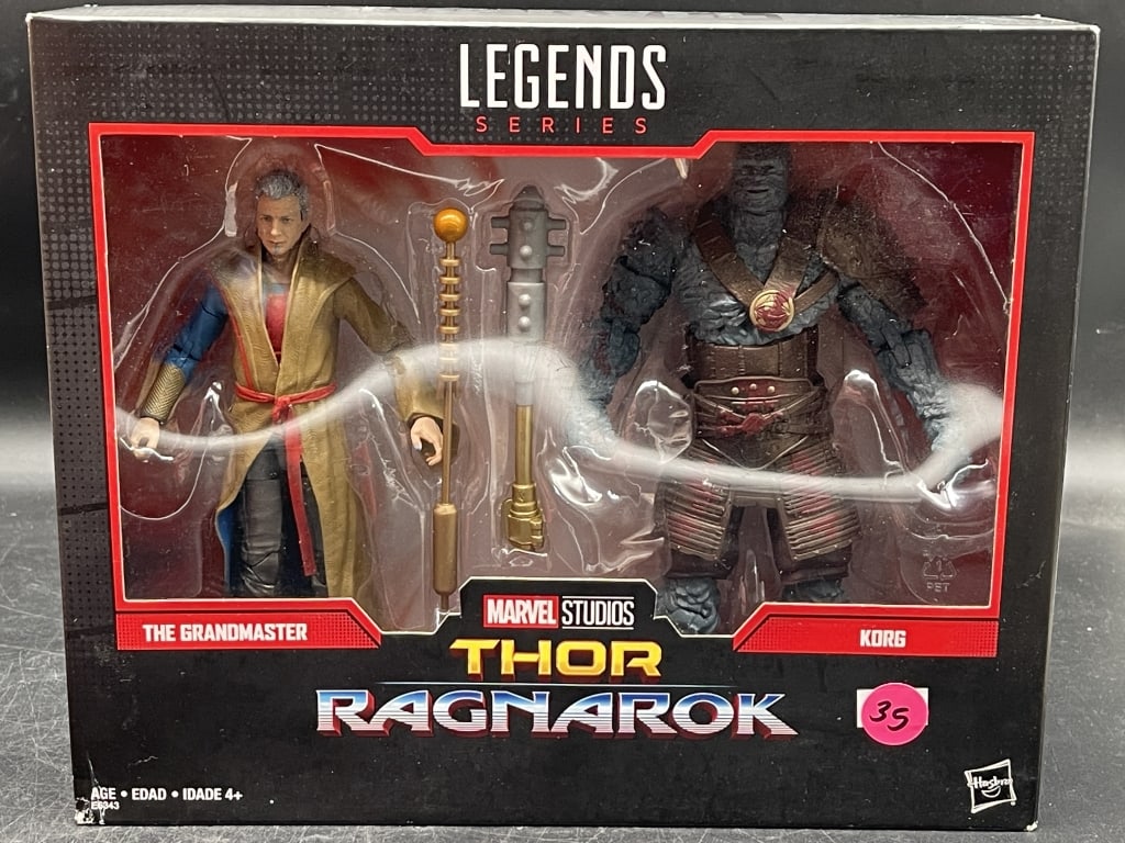 THOR RAGNAROK LEGENDS GRANDMASTER KORG FIGURE SET: For ALTERNATE shipping quote or LOCAL PICK-UP DETAILS, please visit dejavuauctionshipping.com MARVEL STUDIOS THOR RAGNAROK LEGENDS SERIES GRANDMASTER & KORG ACTION FIGURE SET Official **Marvel Studios