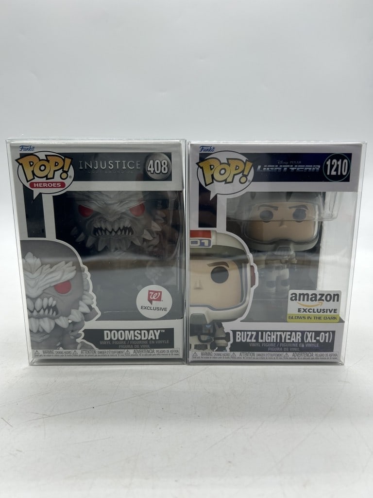 2 LOT FUNKO POP DOOMSDAY & BUZZ LIGHTYEAR FIGURES: For ALTERNATE shipping quote or LOCAL PICK-UP DETAILS, please visit dejavuauctionshipping.com FUNKO POP DOOMSDAY #408 WALGREENS EXCLUSIVE & BUZZ LIGHTYEAR XL-01 #1210 AMAZON EXCLUSIVE FIGURES Lot of t