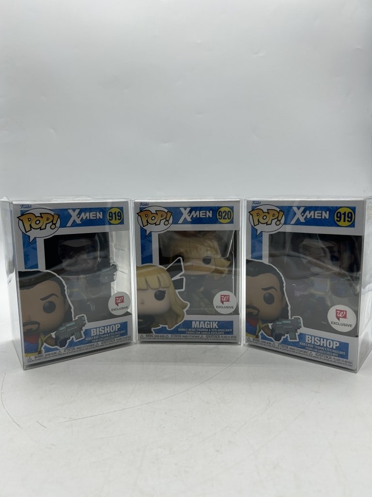 3 FUNKO POP X-MEN WALGREENS EXCLUSIVE FIGURES LOT: For ALTERNATE shipping quote or LOCAL PICK-UP DETAILS, please visit dejavuauctionshipping.com FUNKO POP MARVEL X-MEN BISHOP #919 (2) & MAGIK #920 WALGREENS EXCLUSIVE FIGURES Lot of three collectible F
