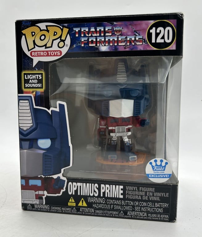 FUNKO POP TRANSFORMERS OPTIMUS PRIME #120 FIGURE: For ALTERNATE shipping quote or LOCAL PICK-UP DETAILS, please visit dejavuauctionshipping.comFUNKO POP RETRO TOYS TRANSFORMERS OPTIMUS PRIME #120 LIGHTS AND SOUNDS VINYL FIGURECollectible Funko Pop