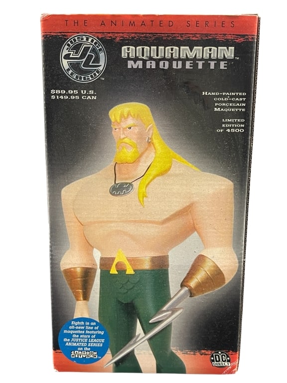 AQUAMAN JUSTICE LEAGUE MAQUETTE FIGURE: For ALTERNATE shipping quote or LOCAL PICK-UP DETAILS, please visit dejavuauctionshipping.comAQUAMAN JUSTICE LEAGUE ANIMATED SERIES HAND-PAINTED PORCELAIN MAQUETTE LIMITED EDITIONCollectible Aquaman