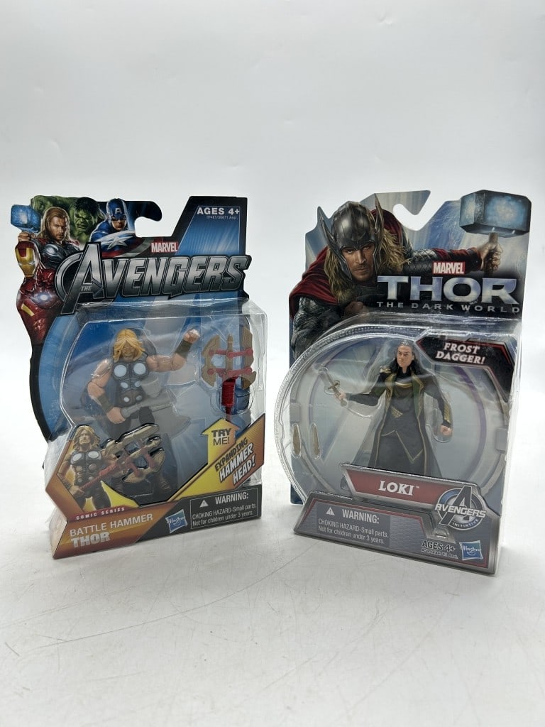 2 MARVEL AVENGERS THOR AND LOKI ACTION FIGURE SET: For ALTERNATE shipping quote or LOCAL PICK-UP DETAILS, please visit dejavuauctionshipping.com MARVEL AVENGERS THOR BATTLE HAMMER FIGURE AND LOKI FROST DAGGER ACTION FIGURE SET Lot featuring two Marvel