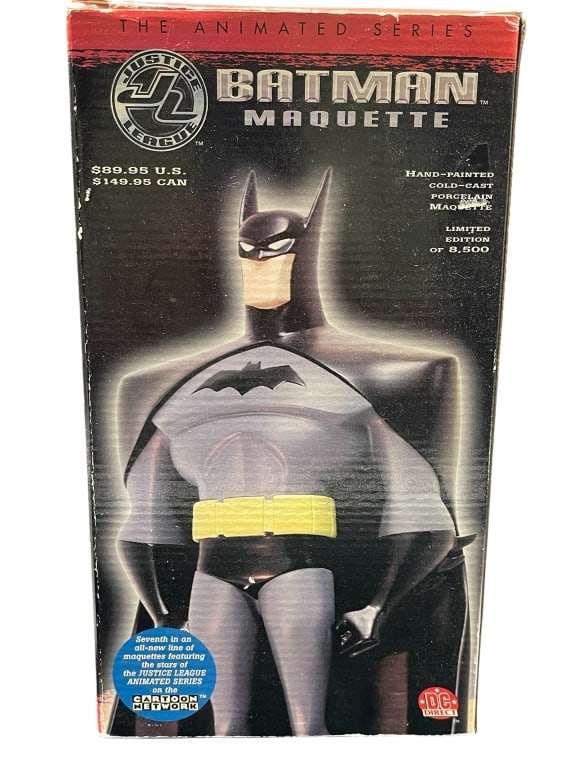 BATMAN JUSTICE LEAGUE ANIMATED MAQUETTE FIGURE: For ALTERNATE shipping quote or LOCAL PICK-UP DETAILS, please visit dejavuauctionshipping.com BATMAN JUSTICE LEAGUE ANIMATED SERIES HAND-PAINTED PORCELAIN MAQUETTE LIMITED EDITION Collectible Batman m
