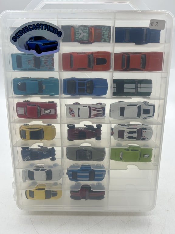 HOT WHEELS DIECAST CAR LOT IN 48 DISPLAY #2: For ALTERNATE shipping quote or LOCAL PICK-UP DETAILS, please visit dejavuauctionshipping.com HOT WHEELS DIECAST CAR COLLECTION WITH CLEAR 48 CAR DISPLAY CASE #2 Clear plastic diecast storage display