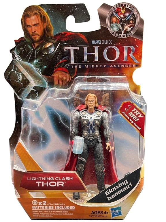THOR AVENGER LIGHTNING CLASH ACTION FIGURE: For ALTERNATE shipping quote or LOCAL PICK-UP DETAILS, please visit dejavuauctionshipping.com MARVEL STUDIOS THOR THE MIGHTY AVENGER LIGHTNING CLASH THOR ACTION FIGURE WITH GLOWING HAMMER Official **M