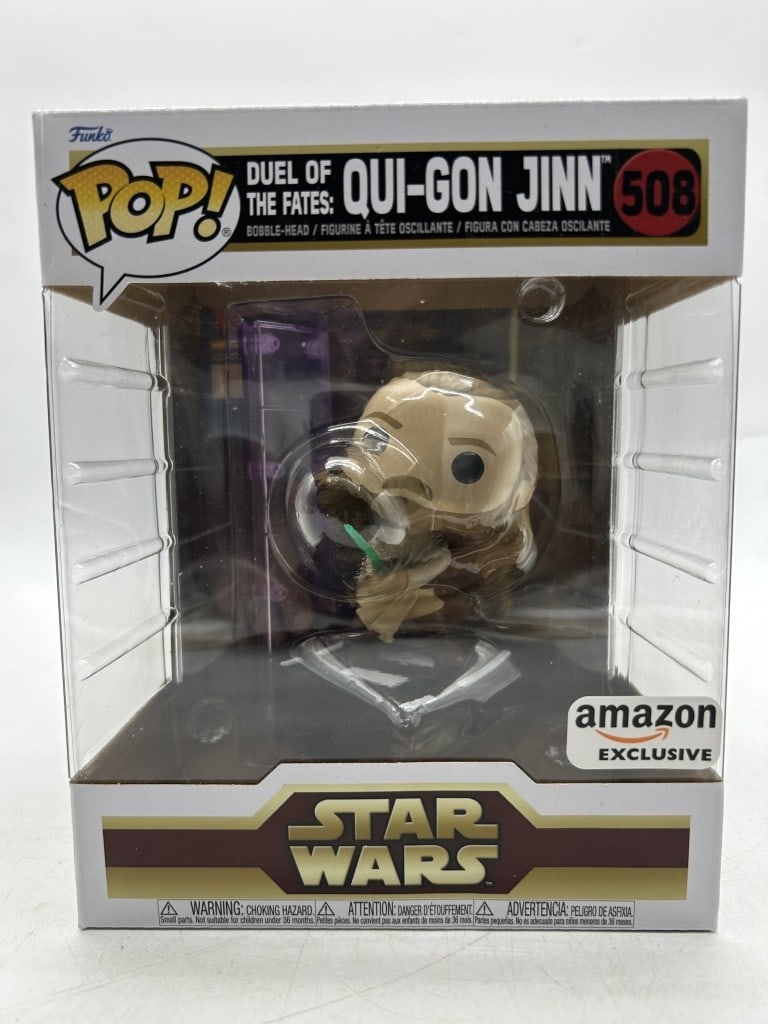 FUNKO POP STAR WARS QUI-GON JINN BOBBLEHEAD FIGUR: For ALTERNATE shipping quote or LOCAL PICK-UP DETAILS, please visit dejavuauctionshipping.com FUNKO POP STAR WARS QUI-GON JINN DUEL OF THE FATES #508 AMAZON EXCLUSIVE BOBBLE-HEAD Collectible Funko Pop