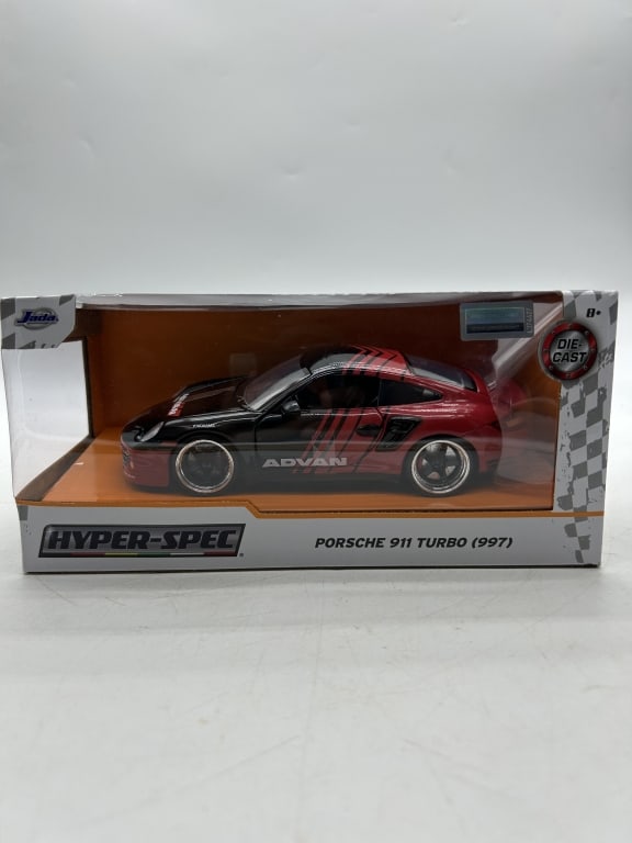 JADA HYPER-SPEC PORSCHE 911 TURBO DIECAST MODEL: For ALTERNATE shipping quote or LOCAL PICK-UP DETAILS, please visit dejavuauctionshipping.com JADA HYPER-SPEC PORSCHE 911 TURBO (997) ADVAN LIVERY DIECAST MODEL Highly detailed Jada Toys Hyper-Spec Po