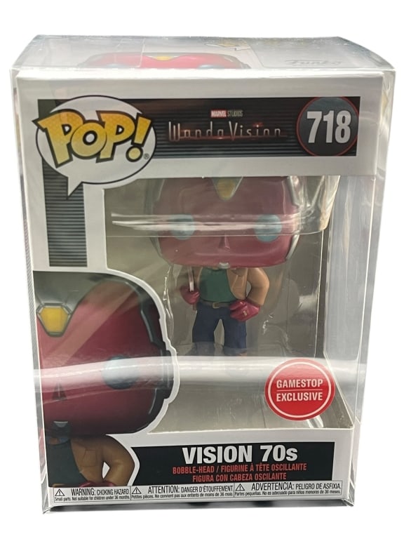FUNKO POP! WANDAVISION VISION 70S #718: For ALTERNATE shipping quote or LOCAL PICK-UP DETAILS, please visit dejavuauctionshipping.com FUNKO POP! MARVEL STUDIOS WANDAVISION VISION 1970S GAMESTOP EXCLUSIVE VINYL BOBBLE-HEAD FIGURE #718 Offici