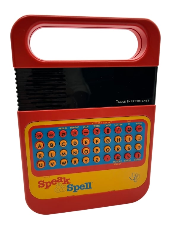 VINTAGE TEXAS INSTRUMENTS SPEAK & SPELL TOY 12": *For ALTERNATIVE SHIPPING QUOTES or local PICKUP details, please visit www.dejavuauctionshipping.com* Vintage electronic toy by Texas Instruments Battery box open as shown, no cover Speak and Spell To