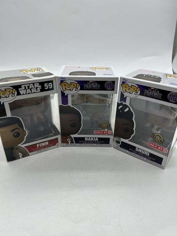 3 FUNKO POP STAR WARS & BLACK PANTHER VINYL FIGURE: For ALTERNATE shipping quote or LOCAL PICK-UP DETAILS, please visit dejavuauctionshipping.com FUNKO POP RETRO TOYS TRANSFORMERS & MARVEL DEADPOOL VINYL FIGURE COLLECTION LOT Lot of three collectible F