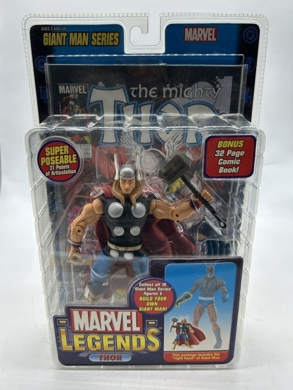 MARVEL LEGENDS THOR & COMIC BOOK ACTION FIGURE SET: For ALTERNATE shipping quote or LOCAL PICK-UP DETAILS, please visit dejavuauctionshipping.com MARVEL LEGENDS THOR GIANT MAN BUILD-A-FIGURE SERIES ACTION FIGURE WITH MJOLNIR Classic Marvel Legends Thor