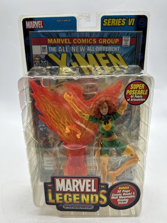 MARVEL LEGENDS PHOENIX COMIC BOOK & DISPLAY SET: For ALTERNATE shipping quote or LOCAL PICK-UP DETAILS, please visit dejavuauctionshipping.com MARVEL LEGENDS PHOENIX JEAN GREY SERIES VI ACTION FIGURE WITH COMIC AND DISPLAY STAND Highly collectible M