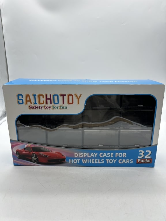 SAICHOTOY DIECAST DISPLAY CASE FOR 32 CARS: For ALTERNATE shipping quote or LOCAL PICK-UP DETAILS, please visit dejavuauctionshipping.com SAICHOTOY 32-CAR HOT WHEELS DIECAST DISPLAY STORAGE CASE Modern Saichotoy modular diecast car display case