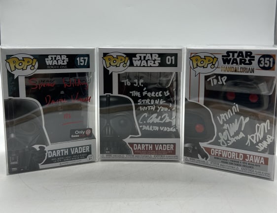 3 SIGNED STAR WARS VINYL FUNKO POP FIGURES LOT: For ALTERNATE shipping quote or LOCAL PICK-UP DETAILS, please visit dejavuauctionshipping.com SIGNED STAR WARS FUNKO POP FIGURES – DARTH VADER, OFFWORLD JAWA – POSSIBLE SPENCER WILDING SIGNATURE L