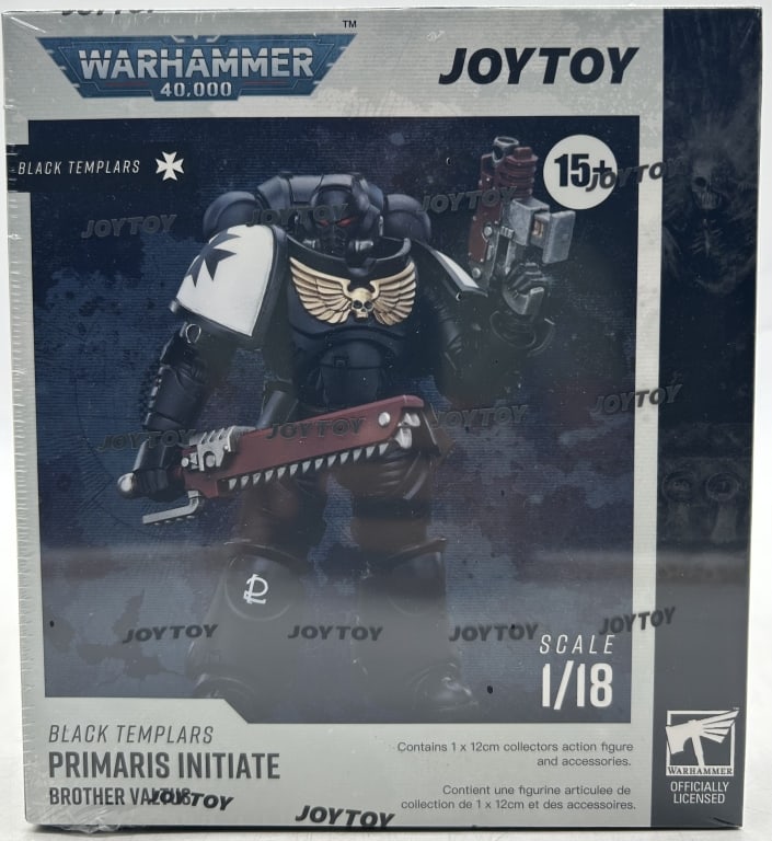 JOYTOY BLACK TEMPLARS PRIMARIS INITIATIVE FIGURE: For ALTERNATE shipping quote or LOCAL PICK-UP DETAILS, please visit dejavuauctionshipping.com WARHAMMER 40,000 JOYTOY BLACK TEMPLARS PRIMARIS INITIATE BROTHER VALTUS 1/18 FIGURE Officially licensed Wa