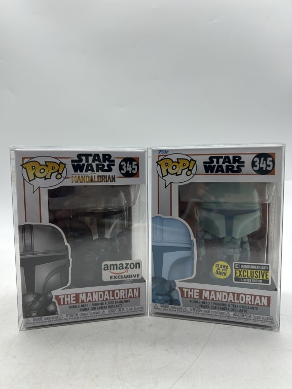 2 FUNKO POP STAR WARS MANDALORIAN BOBBLE-HEAD SET: For ALTERNATE shipping quote or LOCAL PICK-UP DETAILS, please visit dejavuauctionshipping.com FUNKO POP STAR WARS THE MANDALORIAN #345 BOBBLEHEAD FIGURE LOT AMAZON EXCLUSIVE & GLOW IN THE DARK ENTERTA
