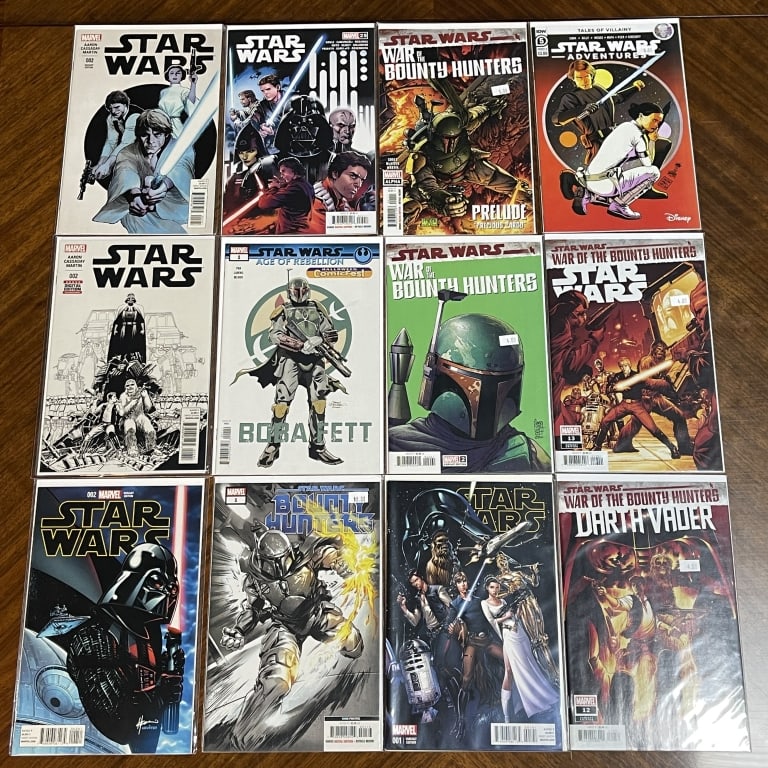 LOT OF 12 STAR WARS MARVEL COMIC BOOKS: For ALTERNATE shipping quote or LOCAL PICK-UP DETAILS, please visit dejavuauctionshipping.com LOT OF 12 STAR WARS COMICS INCLUDING WAR OF THE BOUNTY HUNTERS Assorted lot of twelve *Star Wars* comic bo