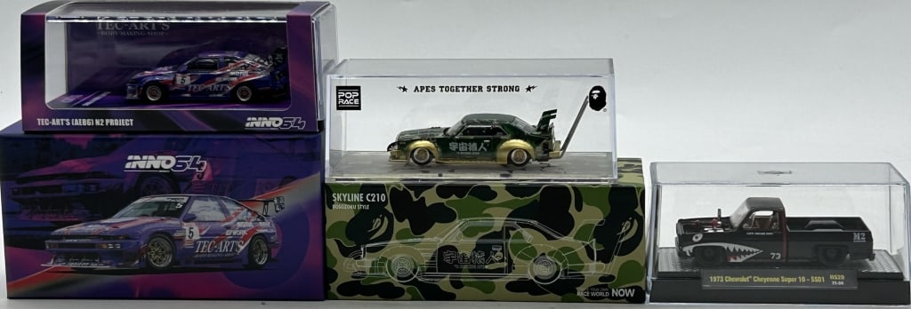 3 JDM DIECAST CARS INNO64 POP RACE M2 BAPE LOT: For ALTERNATE shipping quote or LOCAL PICK-UP DETAILS, please visit dejavuauctionshipping.comLOT OF 3 PREMIUM 1:64 DIECAST MODELS BAPE SKYLINE AE86 CHEVYCollector lot of three premium 1:64 scale