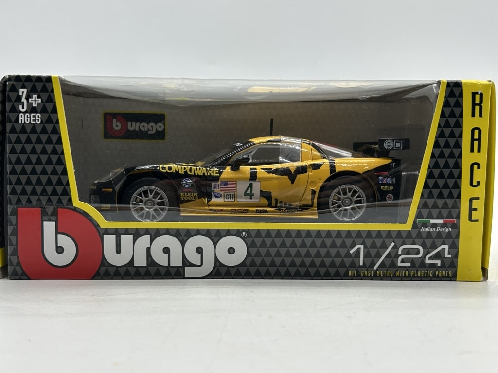 BURAGO 1/24 CORVETTE C6.R DIECAST RACE CAR: For ALTERNATE shipping quote or LOCAL PICK-UP DETAILS, please visit dejavuauctionshipping.com BURAGO 1/24 CORVETTE C6.R COMPWARE RACING DIECAST MODEL CAR Burago 1/24 scale diecast model of the Chevrol