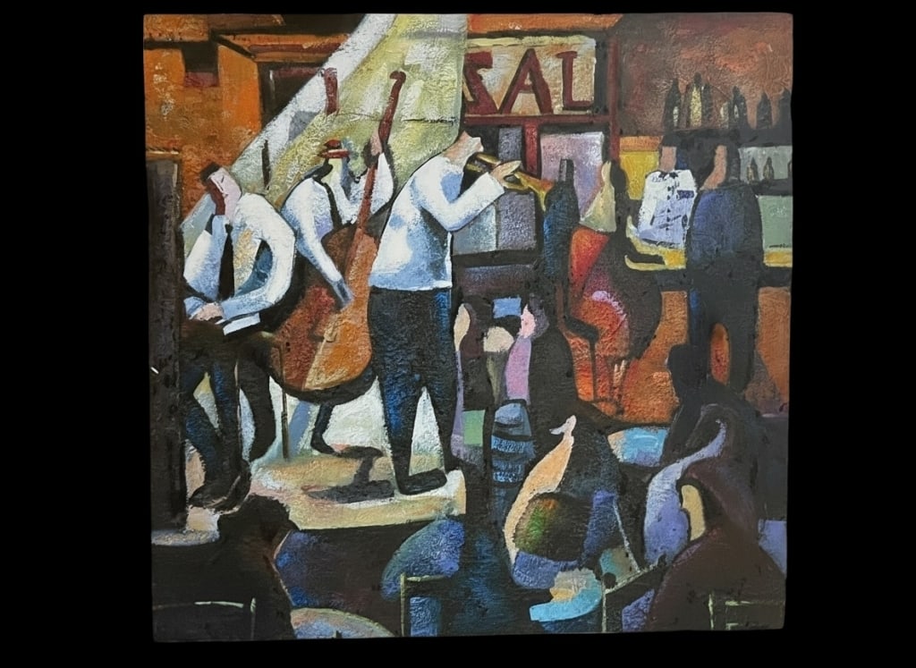 JAZZ CLUB MUSICIANS GICLEE STRETCH CANVAS ART 22": Stretched canvas giclee art on wood frameworkNo outer frameBeautiful deep dark colors depicting a jazz club music sceneThe edges of these show a little life and I imagine these were probably in a
