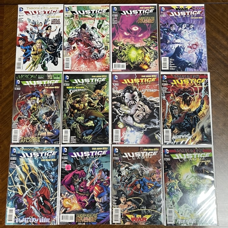 LOT OF 12 DC JUSTICE LEAGUE NEW 52 COMICS: For ALTERNATE shipping quote or LOCAL PICK-UP DETAILS, please visit dejavuauctionshipping.com LOT OF 12 DC JUSTICE LEAGUE NEW 52 THRONE OF ATLANTIS & FOREVER EVIL Strong grouped lot of twelve DC Comic