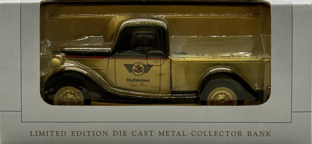 1937 FORD PICKUP DIECAST EASTWOOD AUTOMOBILIA: For ALTERNATE shipping quote or LOCAL PICK-UP DETAILS, please visit dejavuauctionshipping.com EASTWOOD AUTOMOBILIA 1937 FORD PICKUP BUDWEISER DIECAST BANK LIMITED EDITION Vintage-style Eastwood Automo