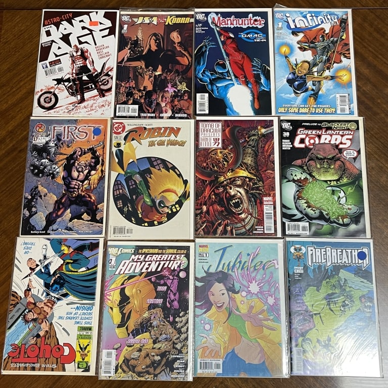 LOT OF 12 MIXED DC MARVEL IMAGE COMICS VARIETY: For ALTERNATE shipping quote or LOCAL PICK-UP DETAILS, please visit dejavuauctionshipping.com LOT OF 12 MIXED COMICS INCLUDING ASTRO CITY DARK AGE, JSA VS KOBRA, MANHUNTER, INFINITY INC, ROBIN, GREEN