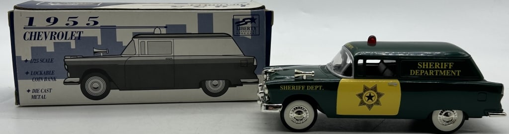 1955 CHEVROLET SHERIFF DIECAST BANK COLLECTIBLE: For ALTERNATE shipping quote or LOCAL PICK-UP DETAILS, please visit dejavuauctionshipping.comLIBERTY CLASSICS 1955 CHEVROLET SHERIFF DEPARTMENT PANEL DIECAST BANKClassic 1/25 scale diecast