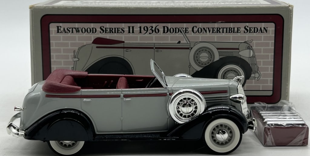 1936 DODGE CONVERTIBLE DIECAST EASTWOOD AUTOMOBILE: For ALTERNATE shipping quote or LOCAL PICK-UP DETAILS, please visit dejavuauctionshipping.comEASTWOOD AUTOMOBILIA 1936 DODGE CONVERTIBLE SEDAN DIECAST COIN BANK 1/25 SCALEClassic Eastwood Automobilia