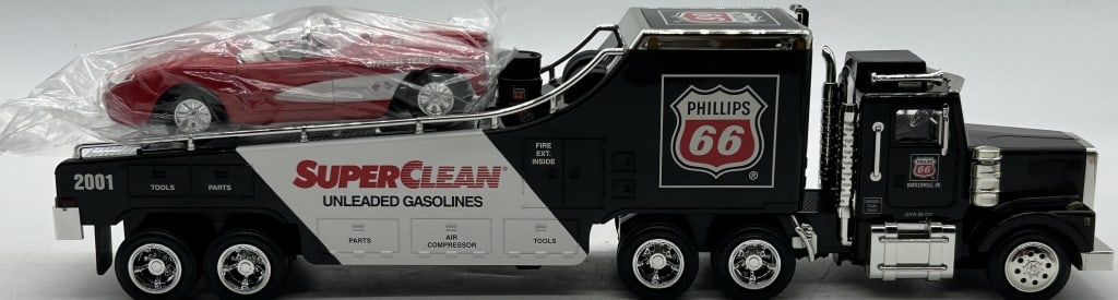 PHILLIPS 66 SUPER CLEAN TANKER TRUCK CORVETTE SET: For ALTERNATE shipping quote or LOCAL PICK-UP DETAILS, please visit dejavuauctionshipping.com PHILLIPS 66 SUPER CLEAN TANKER TRUCK WITH CORVETTE PROMO CAR SET Large-scale collectible featuring a detai