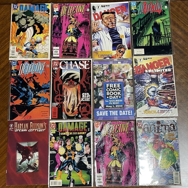 LOT OF 12 DC COMICS DETECTIVE DAMAGE DANGER MIX: For ALTERNATE shipping quote or LOCAL PICK-UP DETAILS, please visit dejavuauctionshipping.com LOT OF 12 MIXED COMICS INCLUDING DETECTIVE COMICS, DAMAGE, DANGER UNLIMITED, CHASE & MORE Eclectic DC-heav