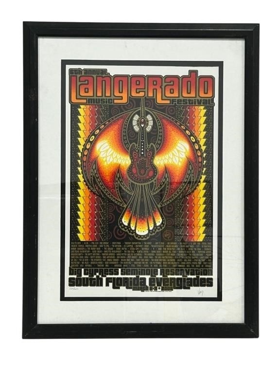 JEFF WOOD "LANGERADO" 1ST EDITION POSTER 124/650: JEFF WOOD "LANGERADO" 1ST EDITION POSTER 124/650 IMMERSE YOURSELF IN MUSIC HISTORY WITH THIS RARE, FRAMED 2008 LANGERADO MUSIC FESTIVAL POSTER BY ARTIST JEFF WOOD/DROWNING CREEK STUDIO. THIS OFFICIAL 
