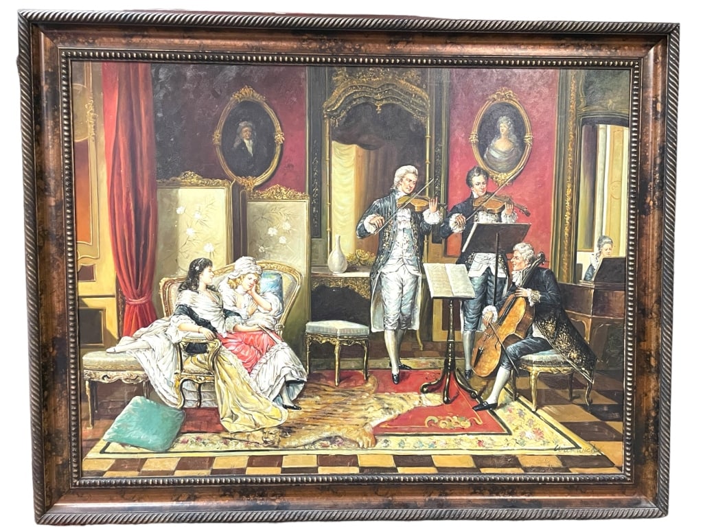 AFTER SCHWENINGER INTERIOR CONCERT OIL PAINTING: AFTER KARL SCHWENINGER INTERIOR CONCERT OIL PAINTING -43" X 54" APPROX TO FRAME -GOOD PRE OWNED CONDITION MINOR W\EAR TO FRAME -DP61224