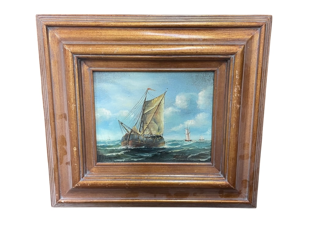 FRAMED MARINE SCENE WITH SAILING VESSELS 18" (1 of 4)