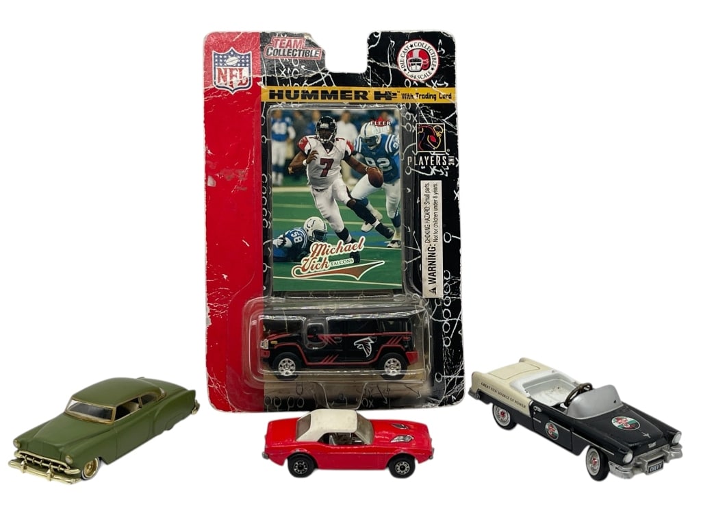 LOT OF 4 DIECAST CARS NFL MICHAEL VICK COLLECTIBLE: For ALTERNATE shipping quote or LOCAL PICK-UP DETAILS, please visit dejavuauctionshipping.com ASSORTED LOT OF 4 DIECAST VEHICLES INCLUDING A TEAM COLLECTIBLE HUMMER WITH MICHAEL VICK NFL TRADING CARD