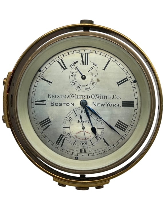 KELVIN & WILFRID O. MARINE CHRONOMETER CLOCK: For ALTERNATE shipping quote or LOCAL PICK-UP DETAILS, please visit dejavuauctionshipping.com ANTIQUE MARINE CHRONOMETER OR SHIP’S CLOCK BY KELVIN & WILFRID O. WHITE CO., MARKED BOSTON AND NEW YORK
