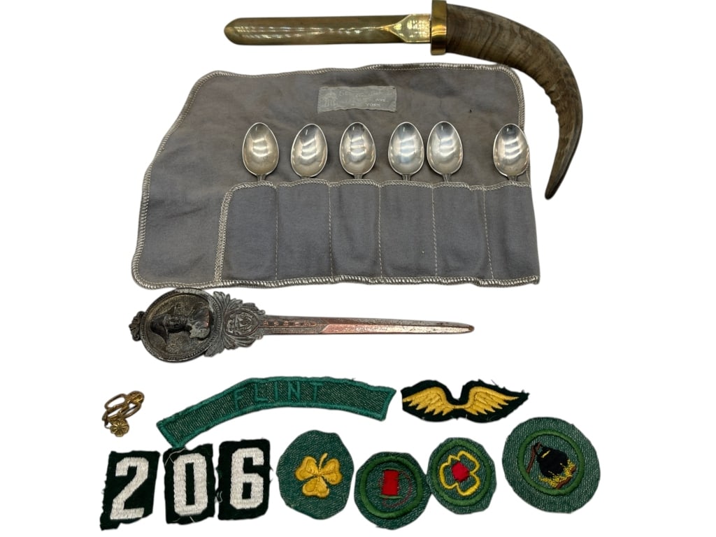 LOT OF 6 GEORG JENSEN STERLING SPOONS: For ALTERNATE shipping quote or LOCAL PICK-UP DETAILS, please visit dejavuauctionshipping.comEclectic mixed estate lot featuring six Georg Jensen sterling silver spoons housed in original gray felt