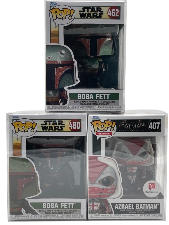 LOT OF 3 FUNKO POP STAR WARS & BATMAN FIGURES: For ALTERNATE shipping quote or LOCAL PICK-UP DETAILS, please visit dejavuauctionshipping.comAssorted lot of three collectible Funko Pop! vinyl figures including Star Wars Boba Fett #462 and #480,