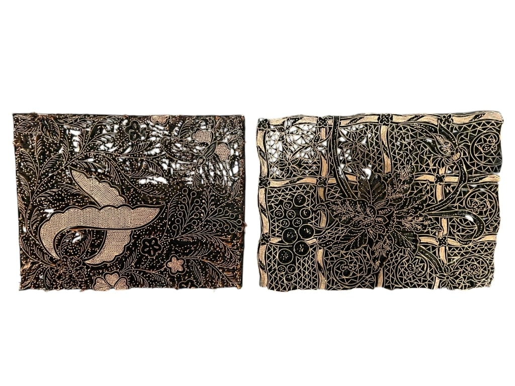 PAIR OF ANTIQUE TEXTILE PRINTING BLOCKS WITH HANDS: For ALTERNATE shipping quote or LOCAL PICK-UP DETAILS, please visit dejavuauctionshipping.comAntique pair of carved textile printing blocks featuring intricate floral and foliate designs, likely used