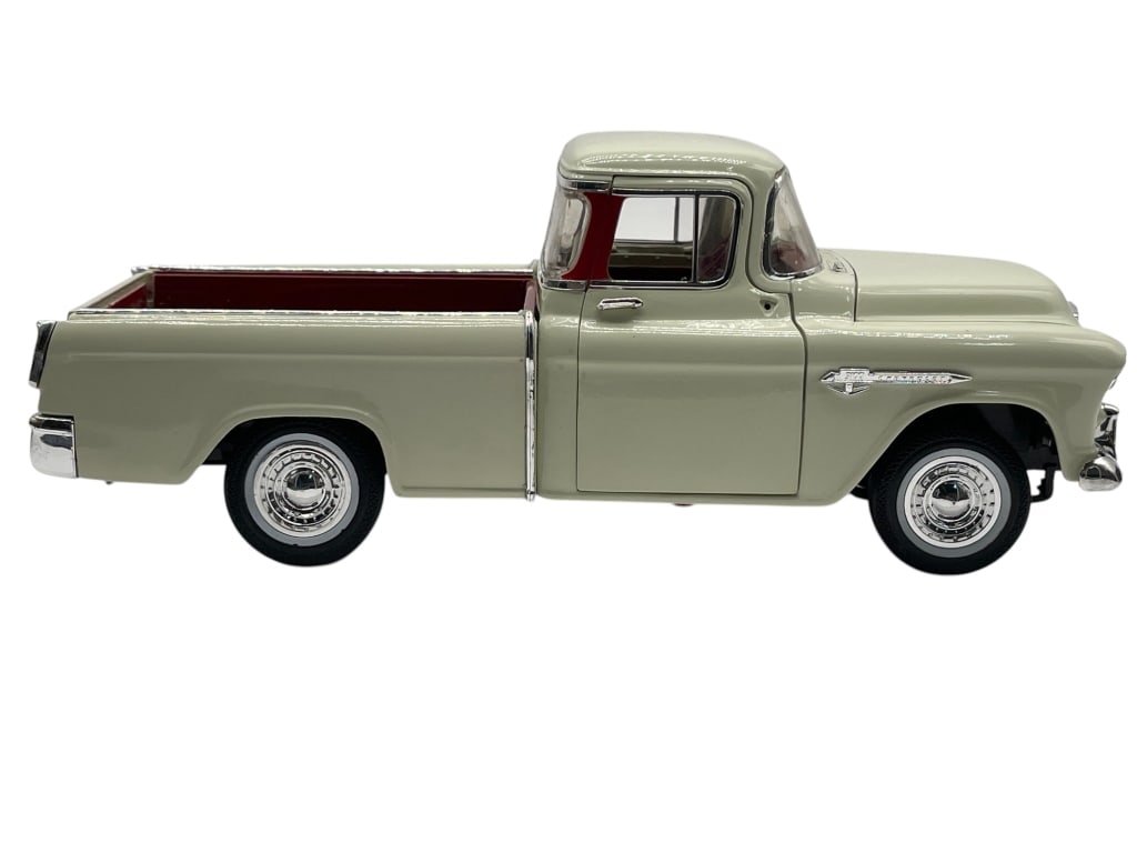 VINTAGE CHEVROLET PICKUP DIECAST MODEL TRUCK: For ALTERNATE shipping quote or LOCAL PICK-UP DETAILS, please visit dejavuauctionshipping.comDetailed diecast model of a classic mid-century Chevrolet pickup truck featuring cream exterior paint,