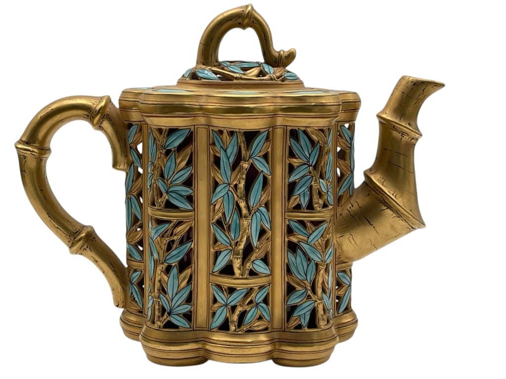 VINTAGE COPELAND PARIAN PORCELAIN TEAPOT: For ALTERNATE shipping quote or LOCAL PICK-UP DETAILS, please visit dejavuauctionshipping.comStriking vintage Copeland porcelain teapot featuring an ornate bamboo motif design, highlighted with rich