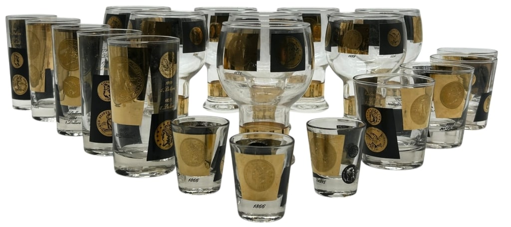 MID CENTURY MODERN COIN MOTIF BARWARE GLASS SET: MID CENTURY MODERN COIN MOTIF BARWARE GLASS SET GOLD BLACK 20 PIECES Stylish mid-century modern barware set featuring a coordinated assortment of 20 cocktail glasses decorated with gold and black pane