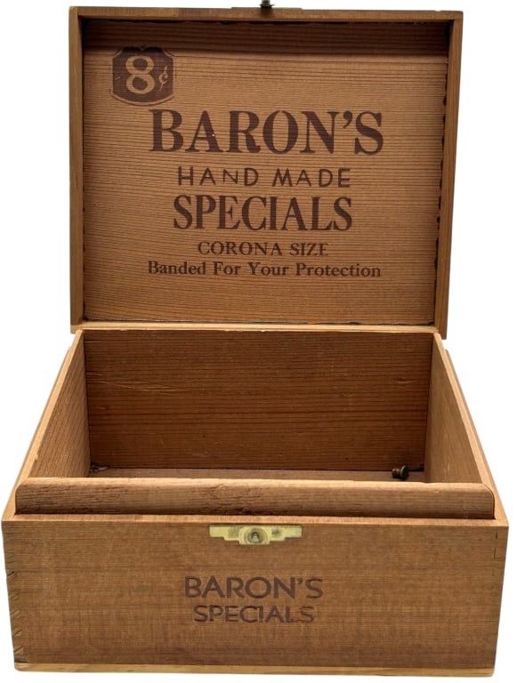 VINTAGE BARON'S SPECIALS WOOD CIGAR BOX: VINTAGE BARON’S SPECIALS WOOD CIGAR BOX BROOKLYN NY CORONA SIZE Authentic vintage Baron’s Specials wood cigar box featuring original interior and exterior branding, including “Baron Bros., Distr