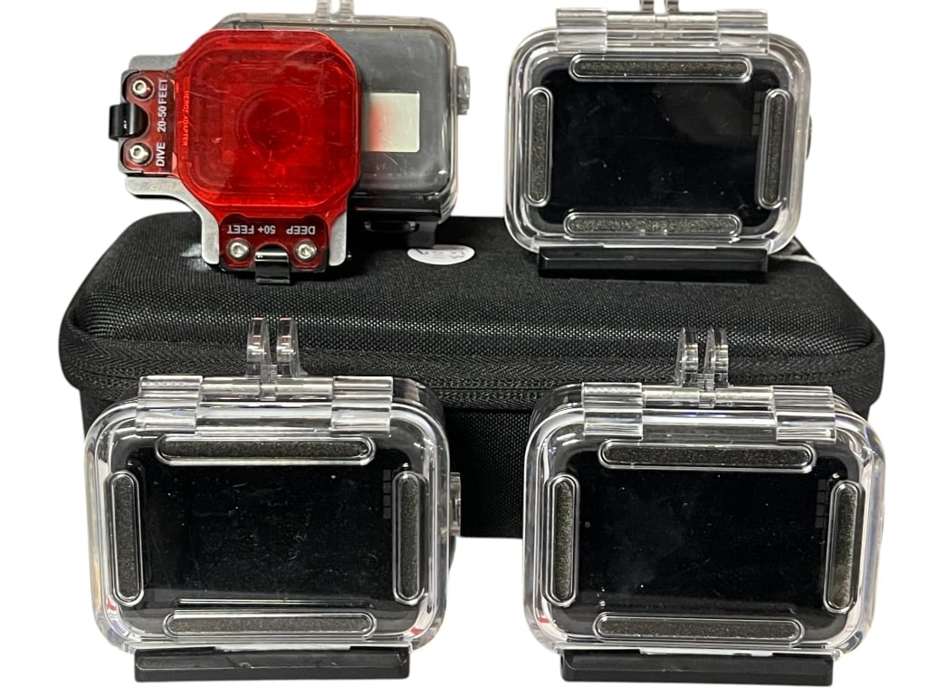 LOT OF 5 GOPRO CAMERAS WITH ACCESSORIES: For ALTERNATE shipping quote or LOCAL PICK-UP DETAILS, please visit dejavuauctionshipping.comLOT OF 4 GoPro CAMERAS WITH ACCESSORIES AND MOUNTSSet of four GoPro cameras with assorted accessories